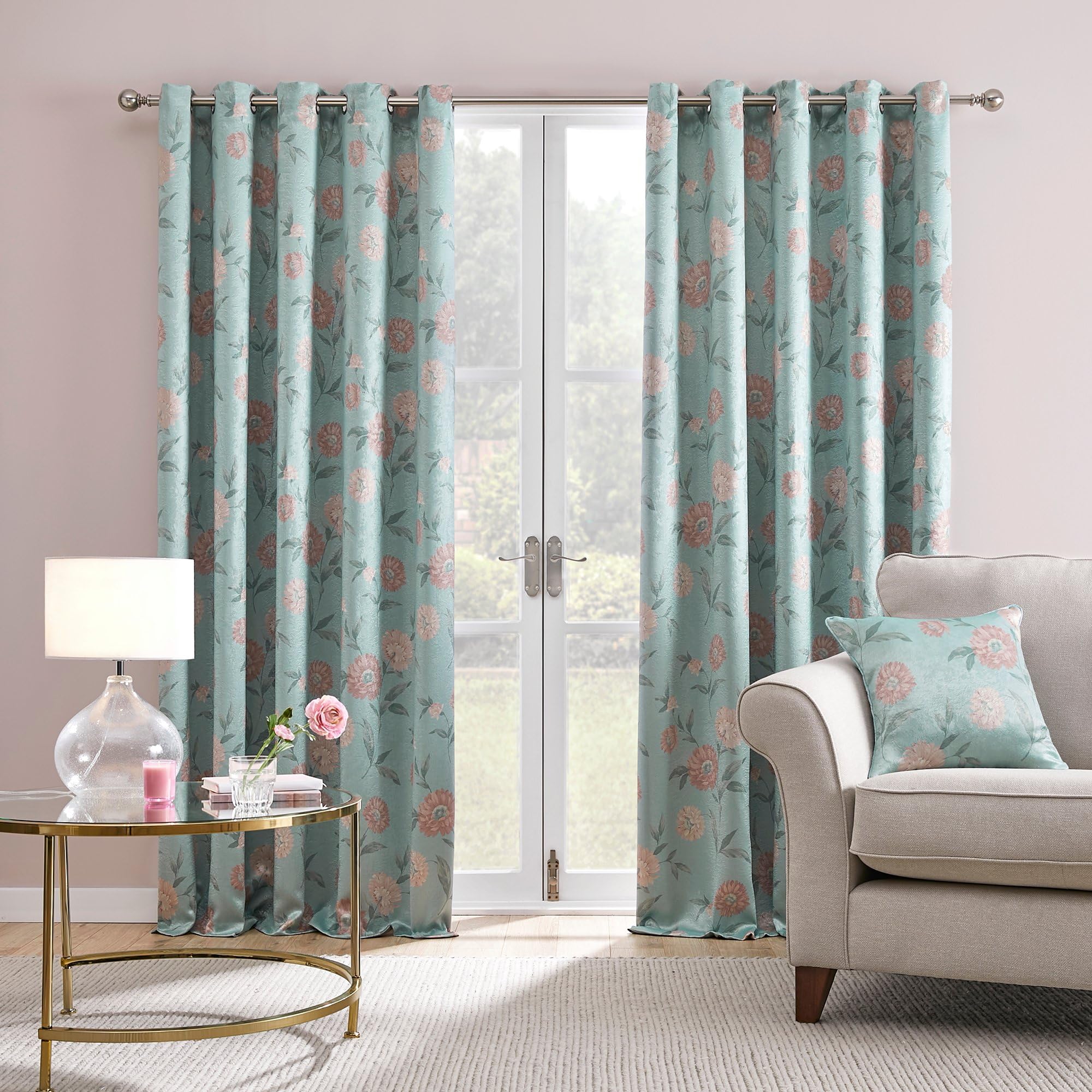 Dreams & Drapes - Duck Egg Floral Curtains W66 x L72 (168 x 183cm) - 2x Panels - Flower Eyelet Drapes for Bedroom and Living Room - Traditional Vintage With Pink Floral Pattern