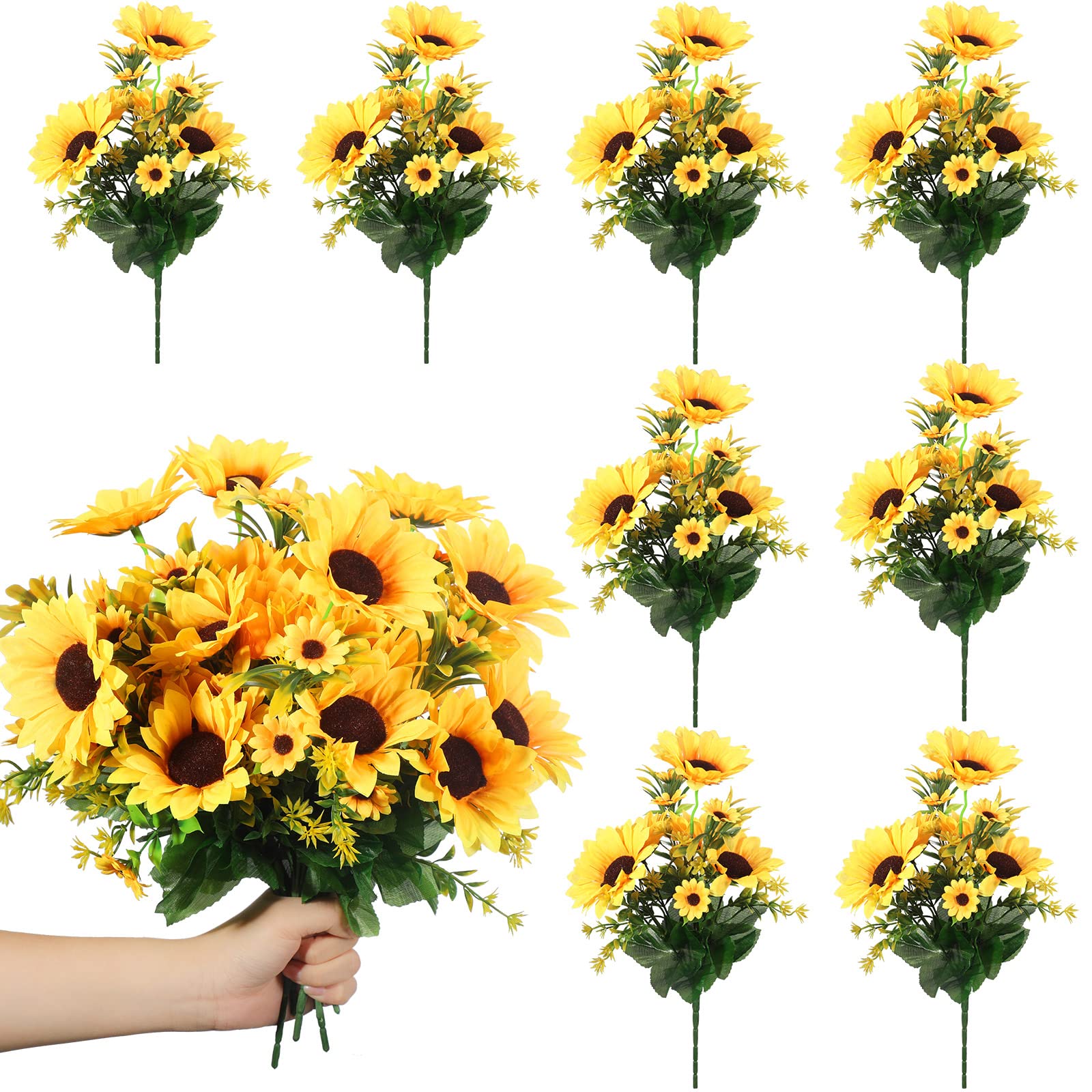 Photo 1 of 8 Packs Artificial Sunflowers with Stems Silk Fake Sunflowers Bouquet Bulk Yellow Wedding Faux Flower Bunches for Wedding Party Decoration Vase Home (Fresh Style)