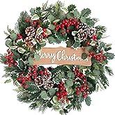 idyllic Christmas Wreath-22 Christmas Decoration Wreaths for Front Door Winter Spring Wreath with Pine Needles Eucalyptus Holly Leaves Pine Cones Red Berries for Indoor Outdoor Home Wall Decor