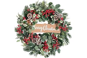 idyllic Christmas Wreath-22 Christmas Decoration Wreaths for Front Door Winter Spring Wreath with Pine Needles Eucalyptus Holly Leaves Pine Cones Red Berries for Indoor Outdoor Home Wall Decor