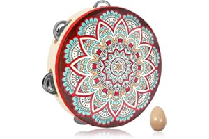MUITOFELIZ Tambourine Hand Held Drum 8 inch Tamborine Musical Instrument for Kids Adults Metal Jingles Percussion Gift Apply to Family KTV Party School,Giving Maraca *1 set