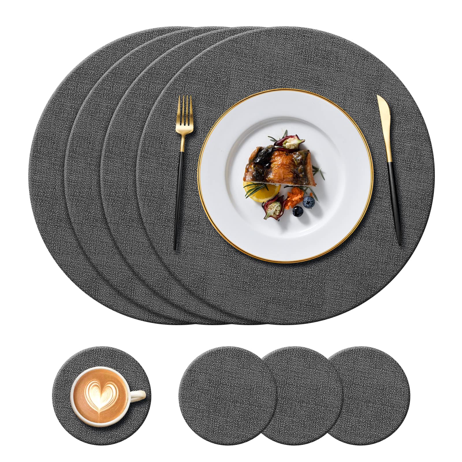 KERYCHIN 4 Round Leather Place mats + 4 Coasters Set, Heat Resistant 212 °F PU Placemats, Non Slip and Washable, Decoration Accessories for Home, Hotel, Indoor, Outdoor, Dining Table, (Black)