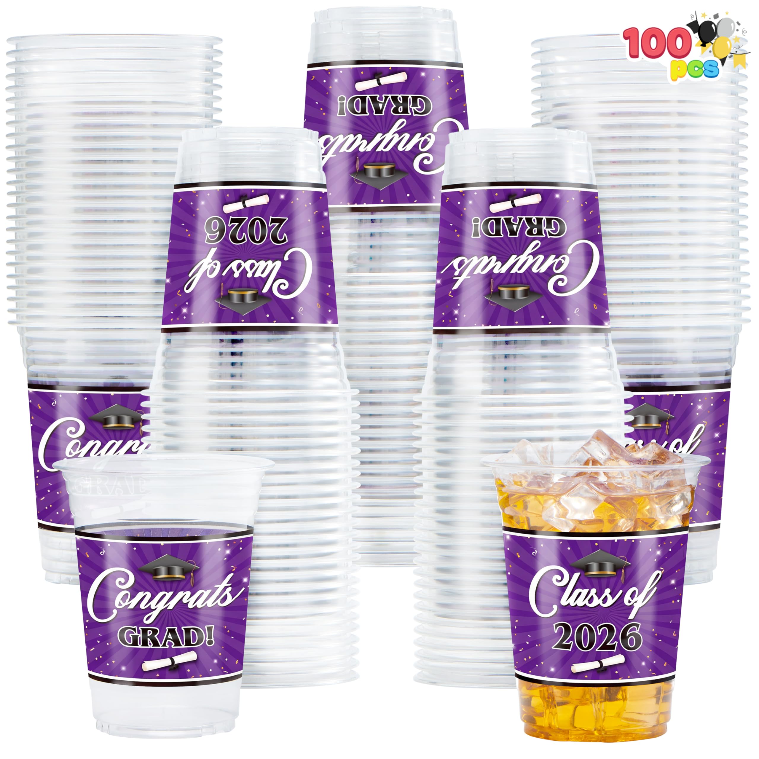JOYIN 100 Pcs 16oz Graduation Party Plastic Cups (Purple), PET Cup Tableware Bulk for Class of 2026 Graduates, Grad Disposable Cups for 2026 High School College Graduation School Grad Party Supplies
