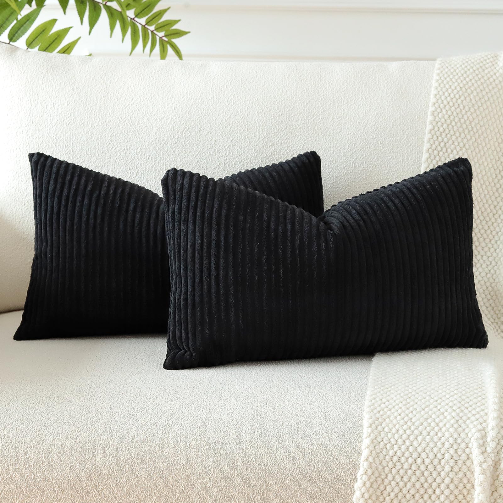 JOTOM Corduroy Soft Striped Throw Pillow Covers 40x60 cm Boho Decorative Pillow Covers Lumbar Pillowcase Couch Home Decor Cushion Covers for Sofa Bedroom 16x24 Inch Set of 2 (Black) — image 1