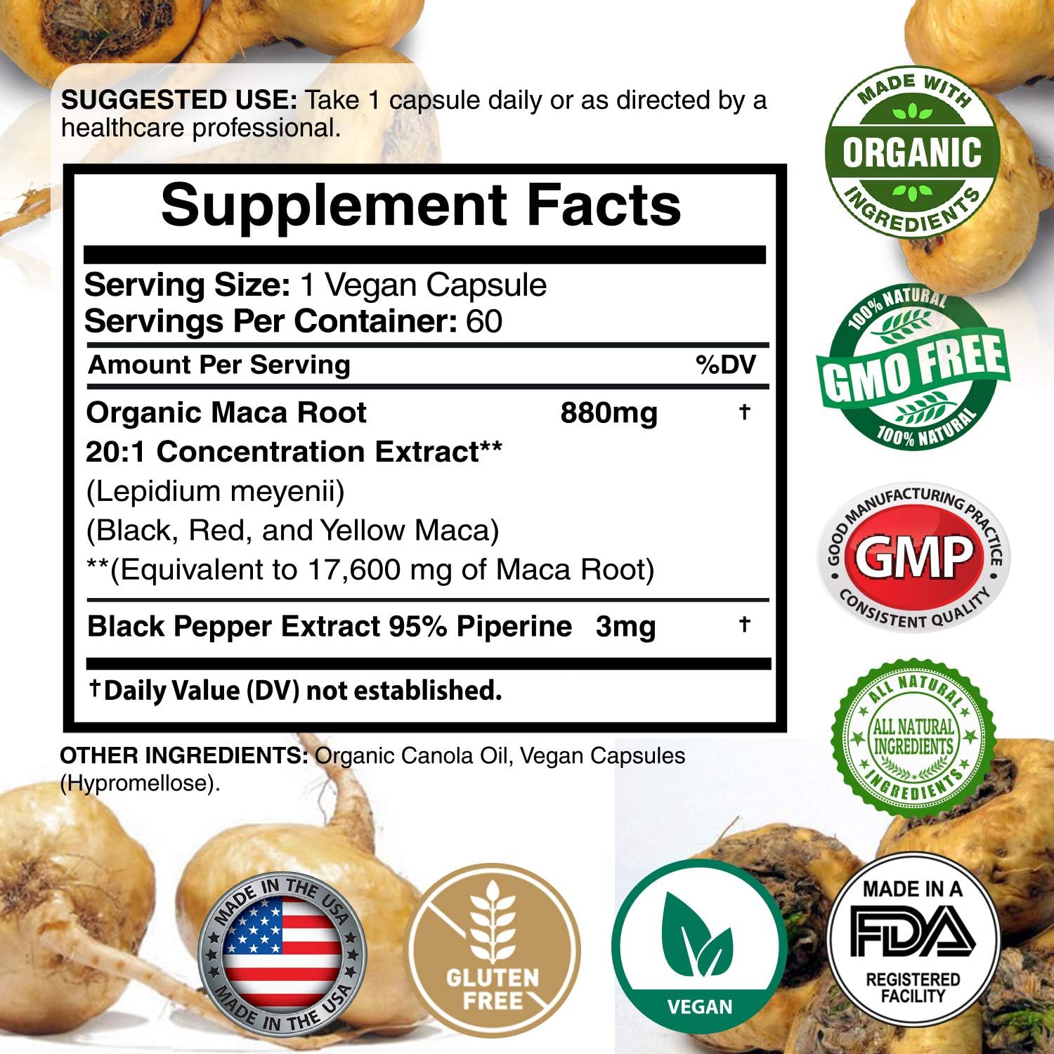 Maca Organic Peruvian Powder Capsules - 17,600 mg Per Capsules - Black, Red, Yellow Root with Black Pepper Extract, Increase Energy, Stamina, Libido Mood, Hormone for Men & Women, 60 Vegan Capsule: Health & Personal Care