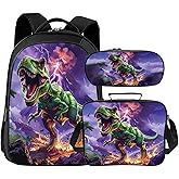 Tijuboni Kids Backpack for School Boys and Girls - 3pcs, Dinosaur School Backpack with Lunch Box and Pencil Case for Children Teens 16 Inch Large Capacity