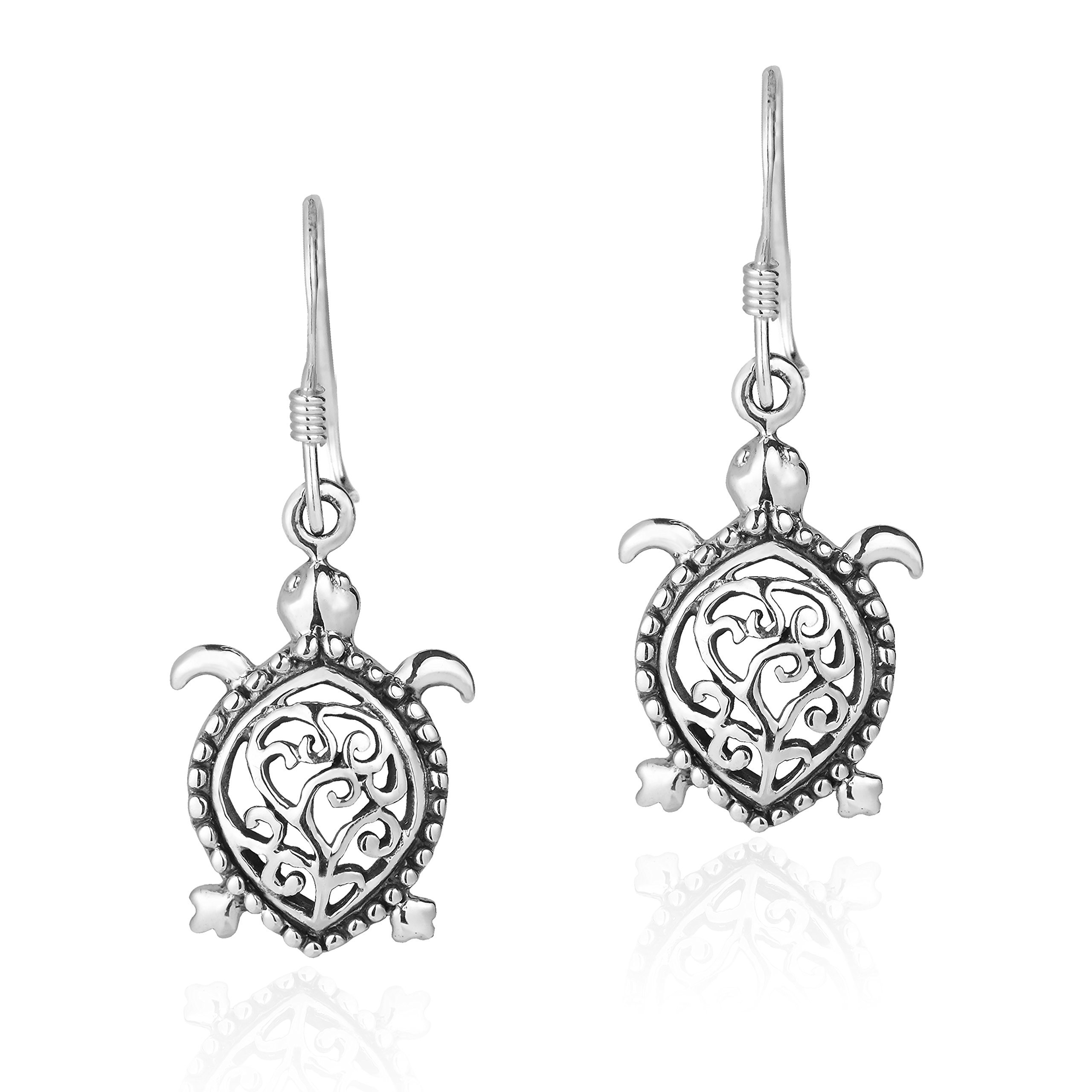 Detailed Swirl Pacific Turtle .925 Sterling Silver Dangle Earrings