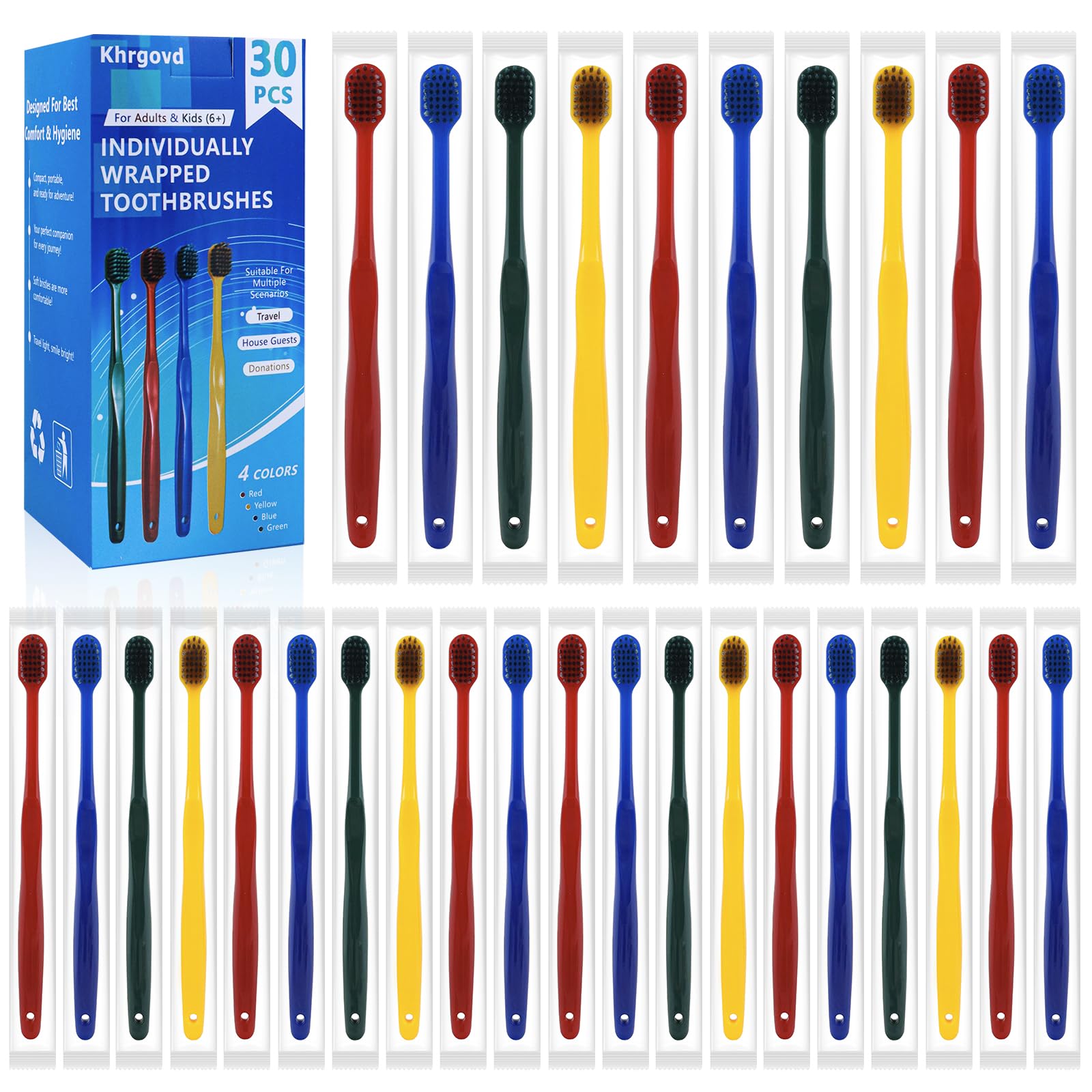 Photo 1 of Khrgovd 30pcs Individually Wrapped Bulk Toothbrushes, Colorful Manual Disposable Travel Toothbrush Set for Adult, Kid, Medium Soft Bristles, for Travel, Hotels (4 Colors)