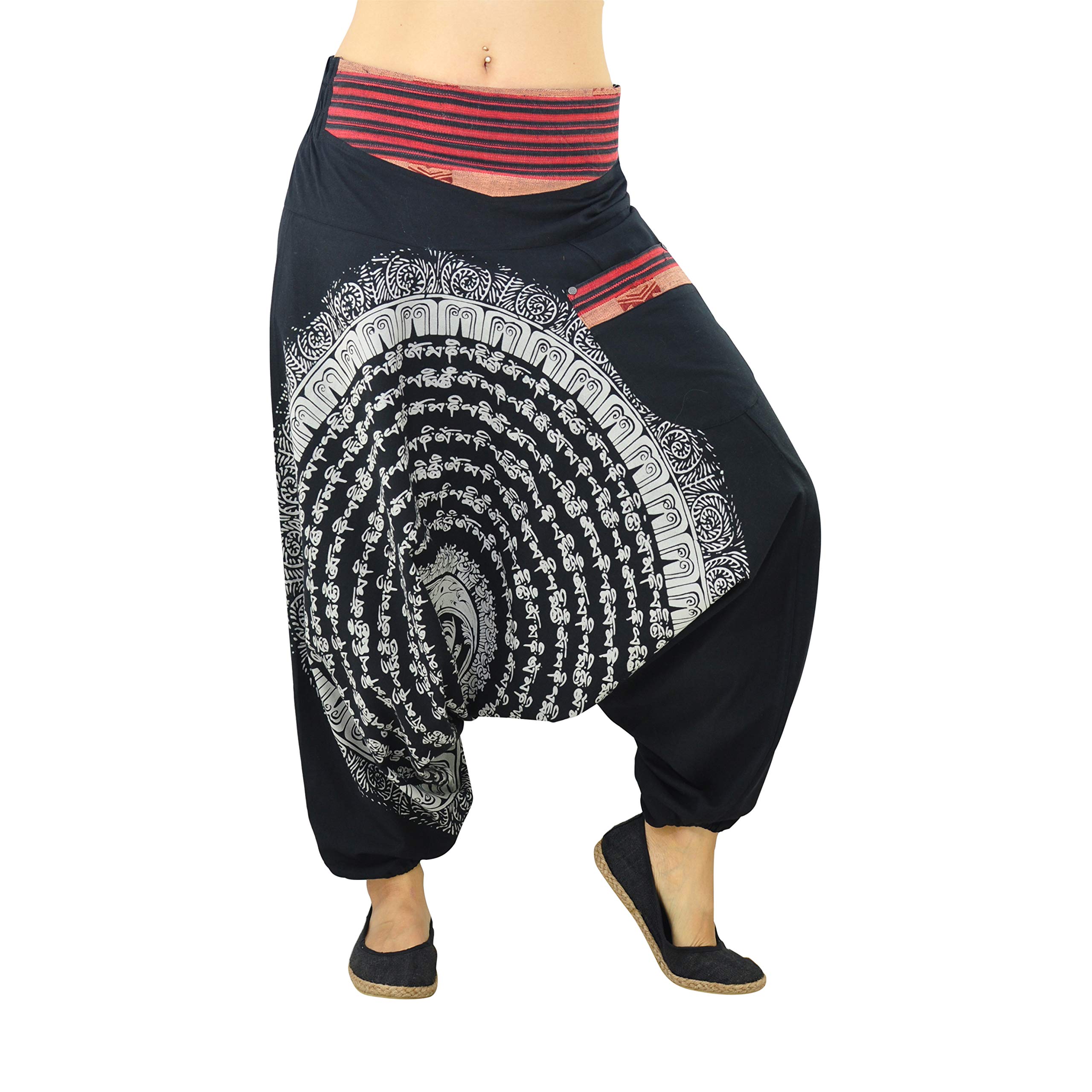 virblatt - Harem Pants Mens | Cotton | Hippie Trousers Genie Pants Aladdin Summer Trousers Wide Leg Baggy Parachute Pants - Nirvana Black L/XL