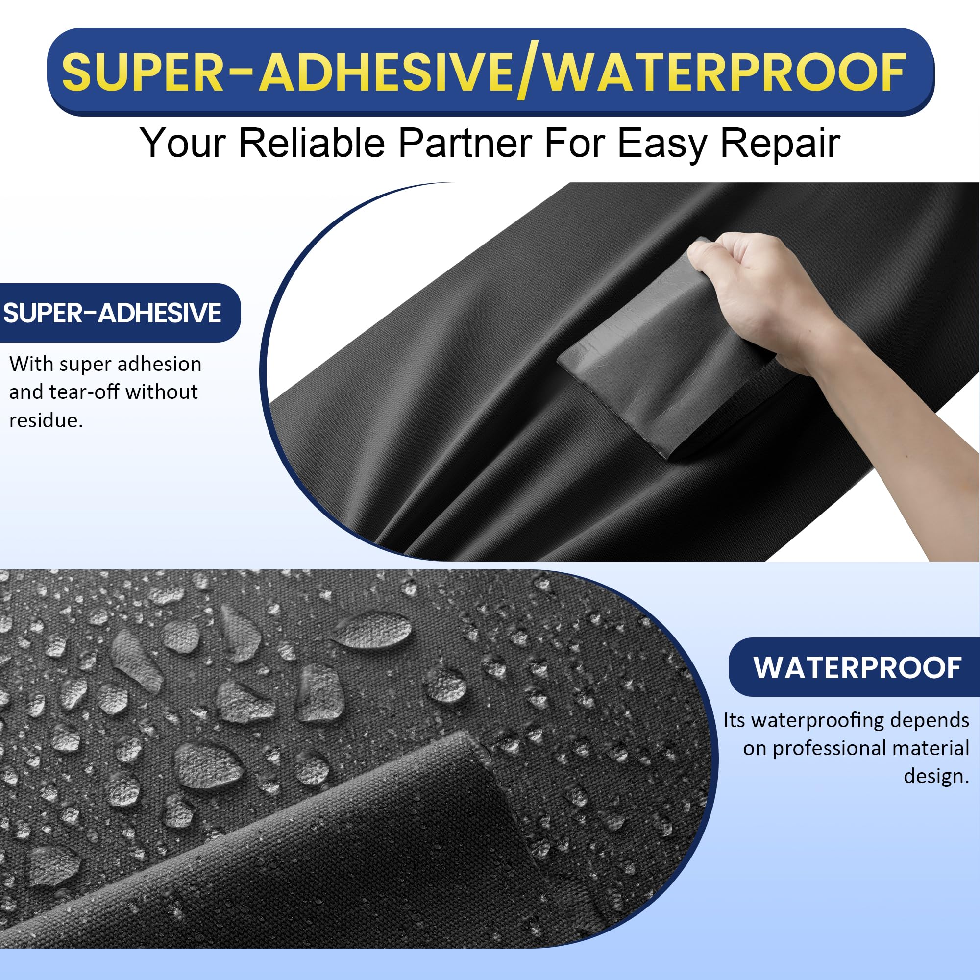 Toppe Adesive per Tessuti Nero, 10x200cm Impermeabile Tessuto Adesivo per Riparazioni, Patches di Tessuto in Tela per Tende, Coperture per Barche, Divani, Sedie