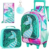 Girls Rolling Backpack, Kids Wheels Bookbag - Roller Elementary Sequin School Bag - 3PCS Unicorn Mermaid Green