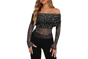FEMLE Women Sparkly Off The Shoulder Sheer Mesh Tops Glitter See Through Long Sleeve Foldover Top Party Concert Outfits