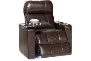 Seatcraft Monterey Leather Home Theater Seating Recliner with Adjustable Powered Headrest, in-Arm Storage, USB Charging, Ambient Base Lighting and Cup Holders, Brown