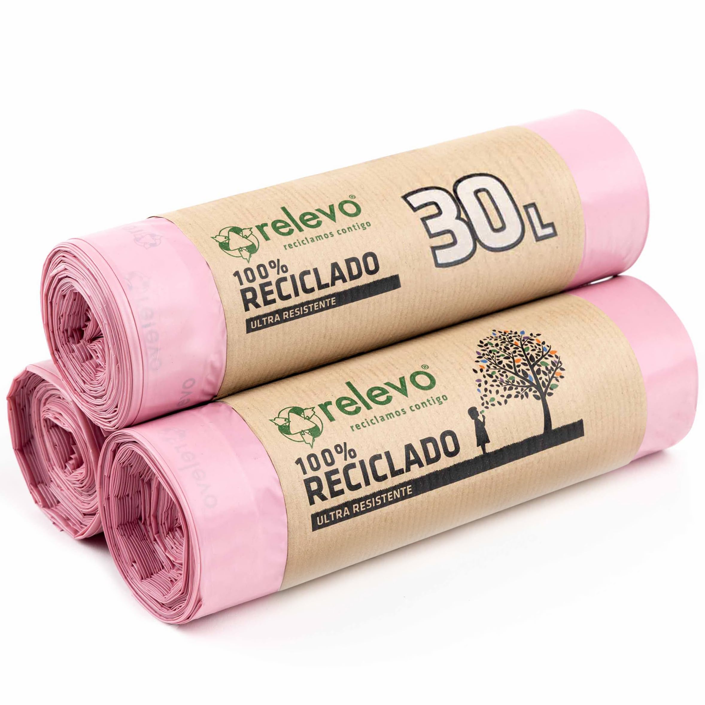 Relevo 30 Litre Scented Bin Liners – Pink Bin Bags. Made from 100% Recycled Material. Dimensions: 55 cm x 60 cm. Includes 45 units.