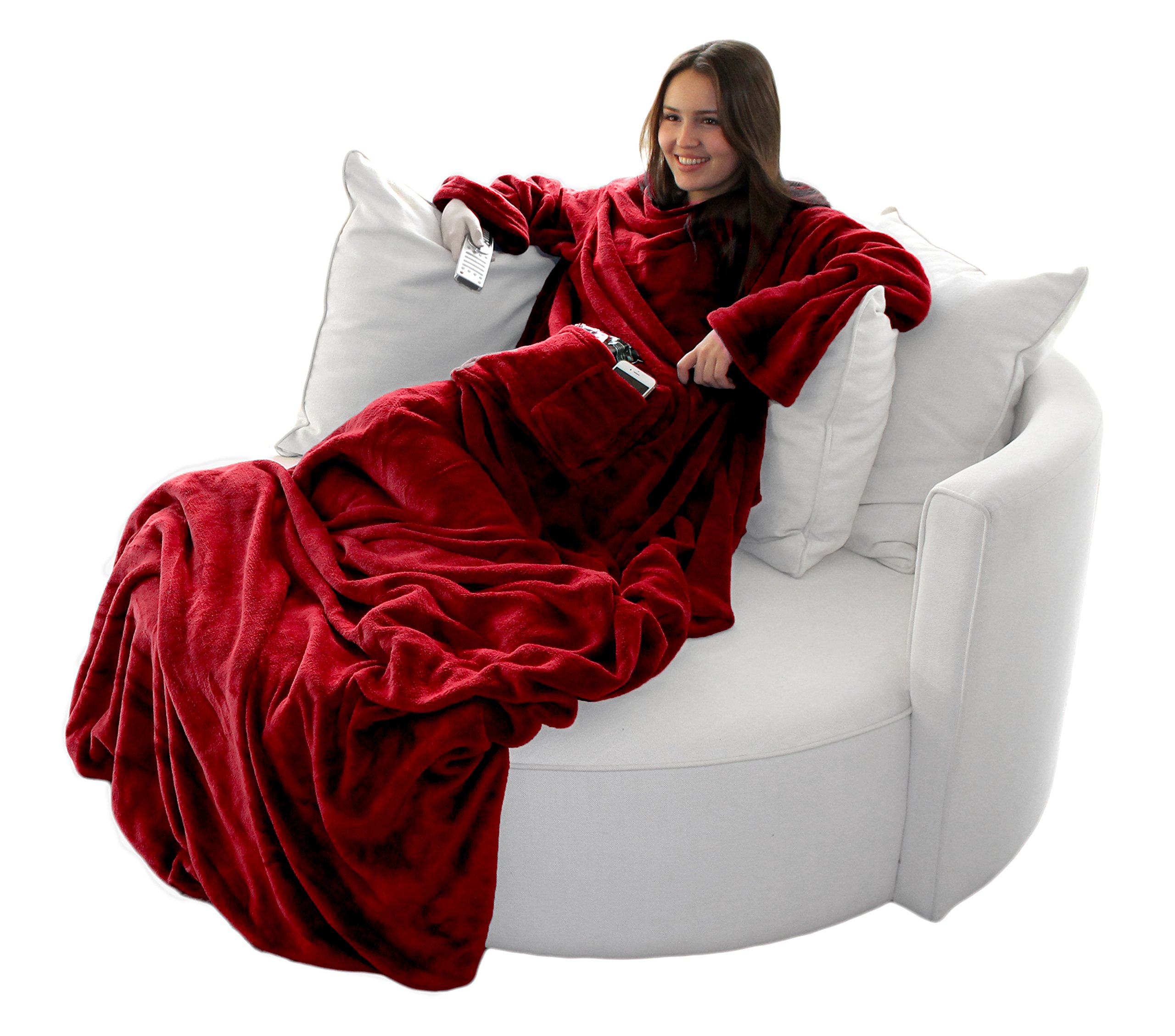 Brandsseller - Wearable Snuggle Blanket Adult with Sleeves and Pockets approx. 67" x 79" - Red