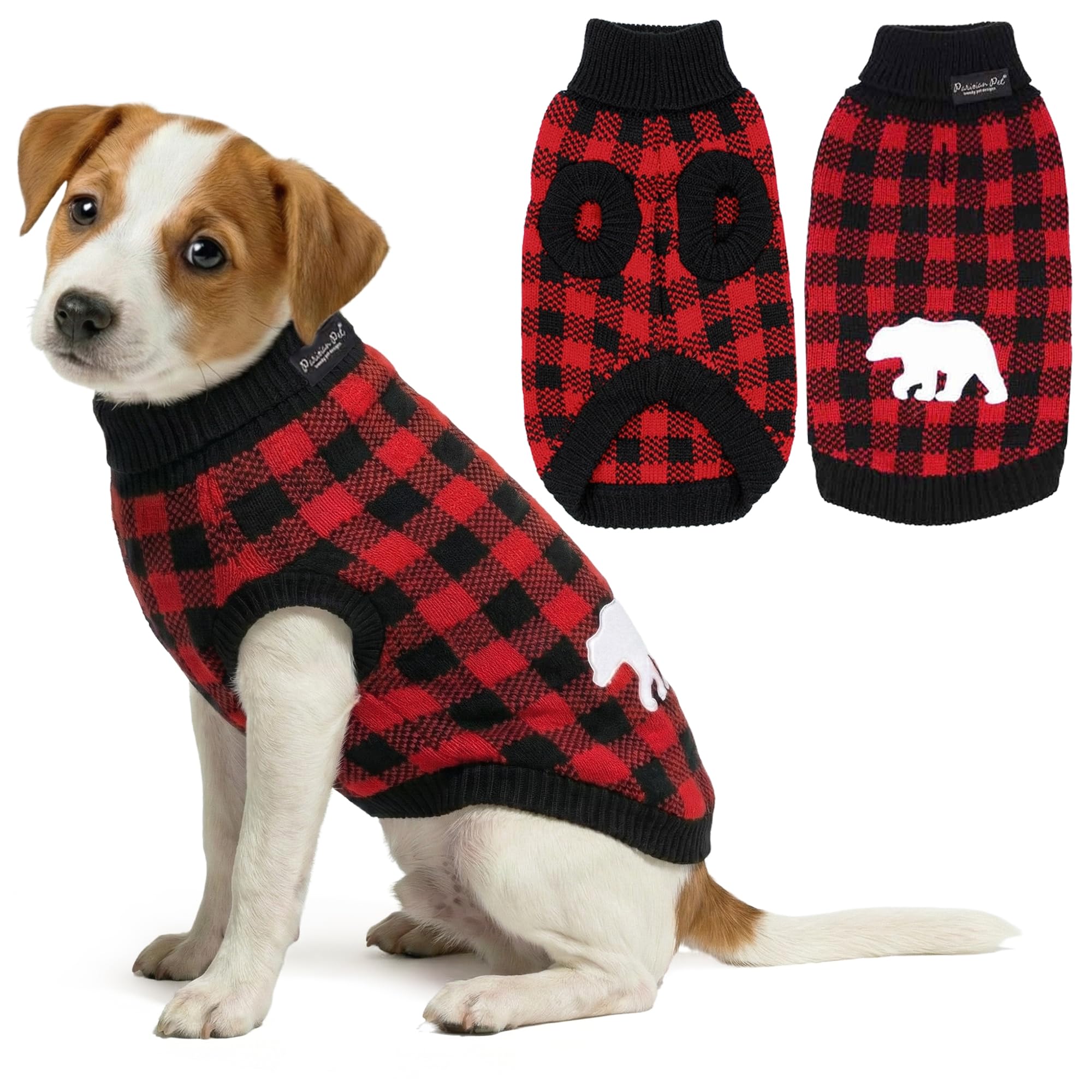 Parisian Pet - Turtleneck Sweater for Dogs - Red Checkered Plaid Knit Pullover - Size S