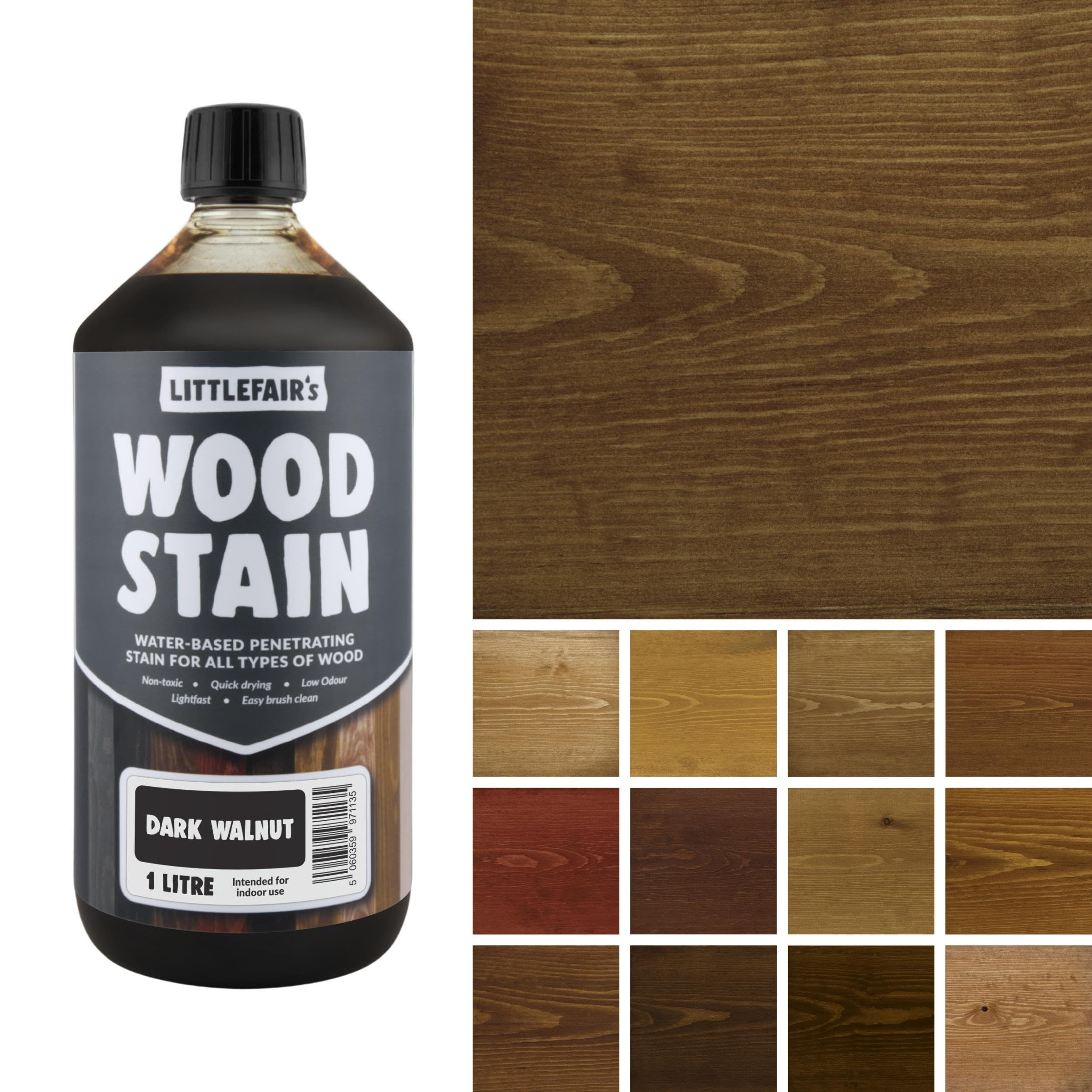 Littlefair's Wood Stain Water-Based - (Dark Walnut) – Non-Toxic, Eco-Friendly & Quick Drying - Easy-to-Apply, Concentrated Formula for All Wood Types – 1 LTR