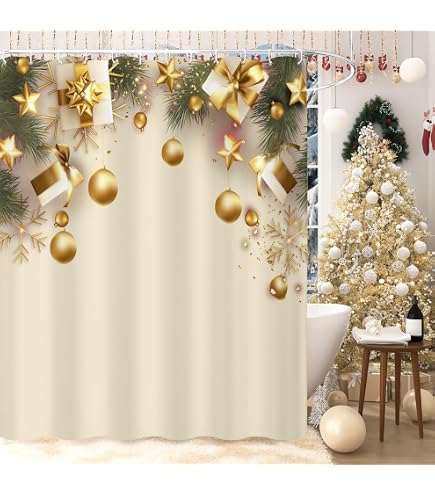 Huzuya Merry Christmas Shower Curtain - Golden Snowflake Waterproof Bathroom Decor, 72x72 Inch With Hooks, Holiday Seasonal - View #11