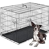 FDW Dog Crate for Large Dogs 42 Inch Folding Metal WirePet Cage Double Door W/Divider Panel Indoor Outdoor Kennel Leak-Proof 