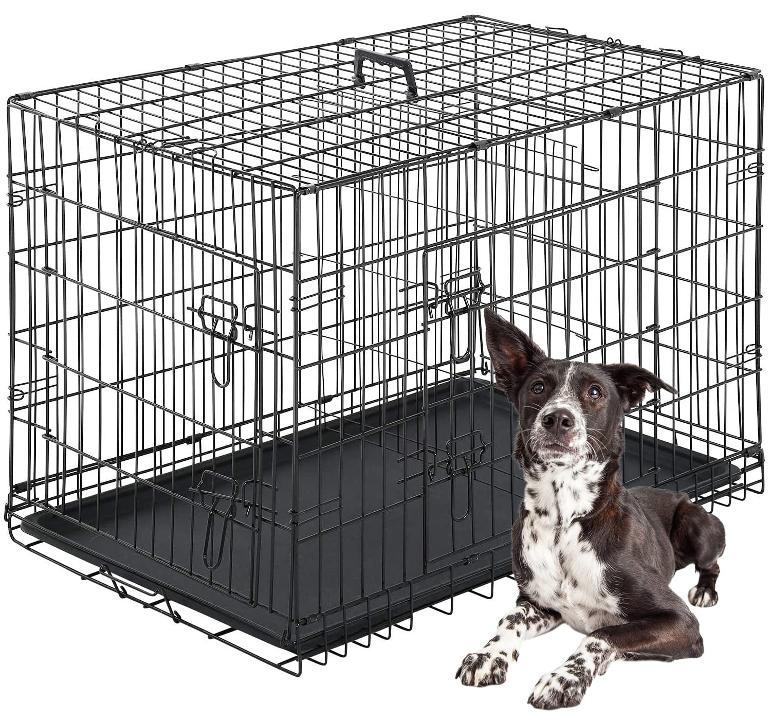 Photo 1 of *MISSING BOTTOM TRAY*  FDW Dog Crate for Large Dogs 42 Inch Folding Metal WirePet Cage Double Door W/Divider Panel Indoor Outdoor Kennel Leak-Proof Plastic Tray,Black
