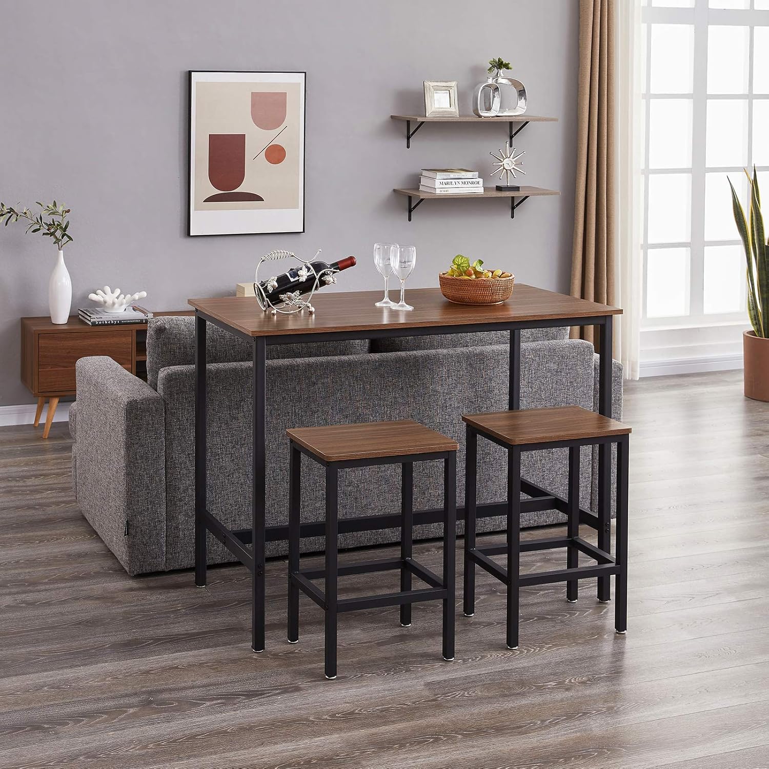 SUPERJARE Set of 2 Bar Stools, Industrial Barstools Chairs and Footrest with Steel Frame, Pub Kitchen Counter Height Bar Chairs - Brown: Kitchen & Dining