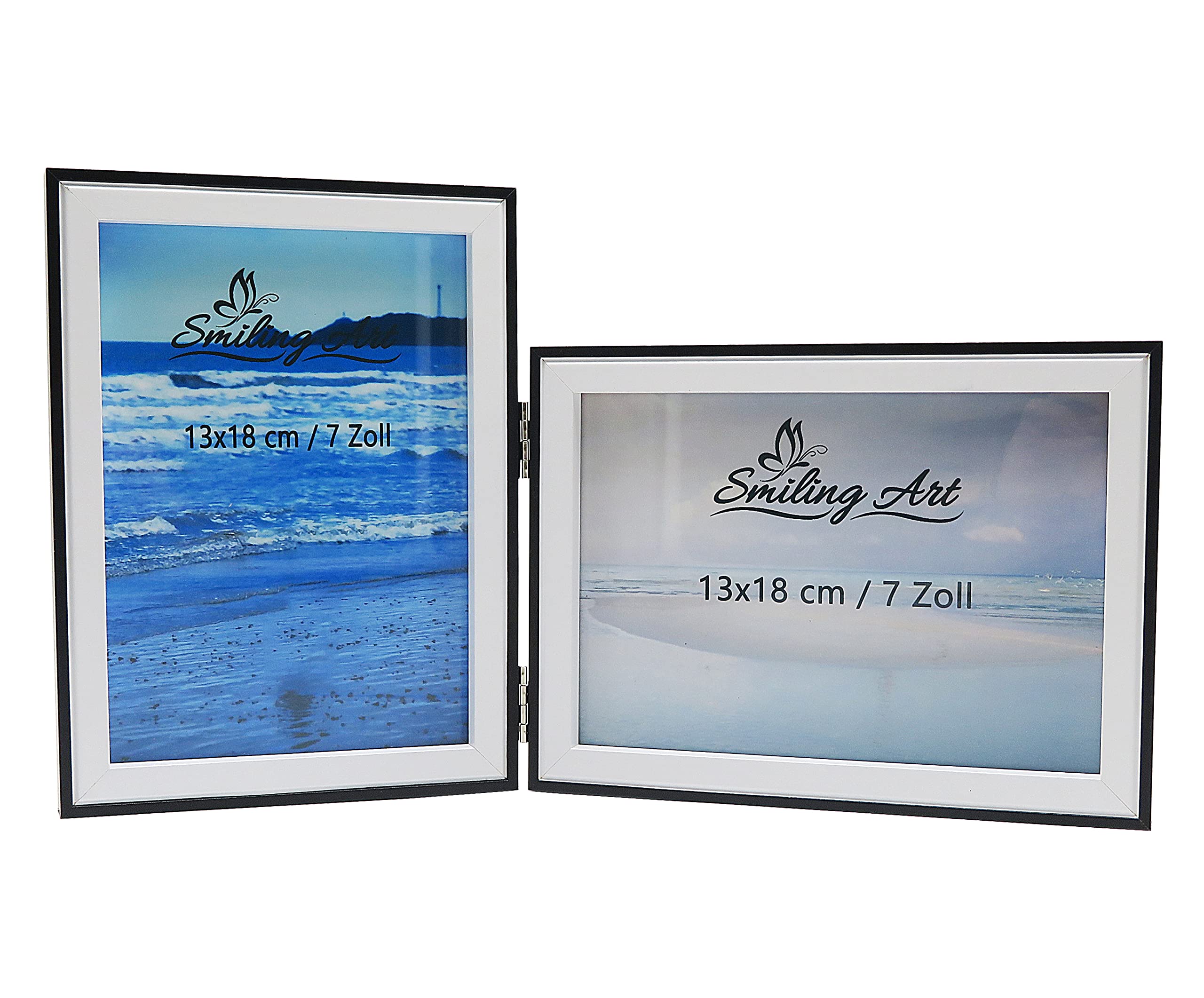 Smiling Art | Double Picture Frame | 13x18 cm made of MDF wood with glass | foldable photo frame for 2 photos | for standing or hanging | landscape and portrait format (Black & White, 2x13x18 cm)