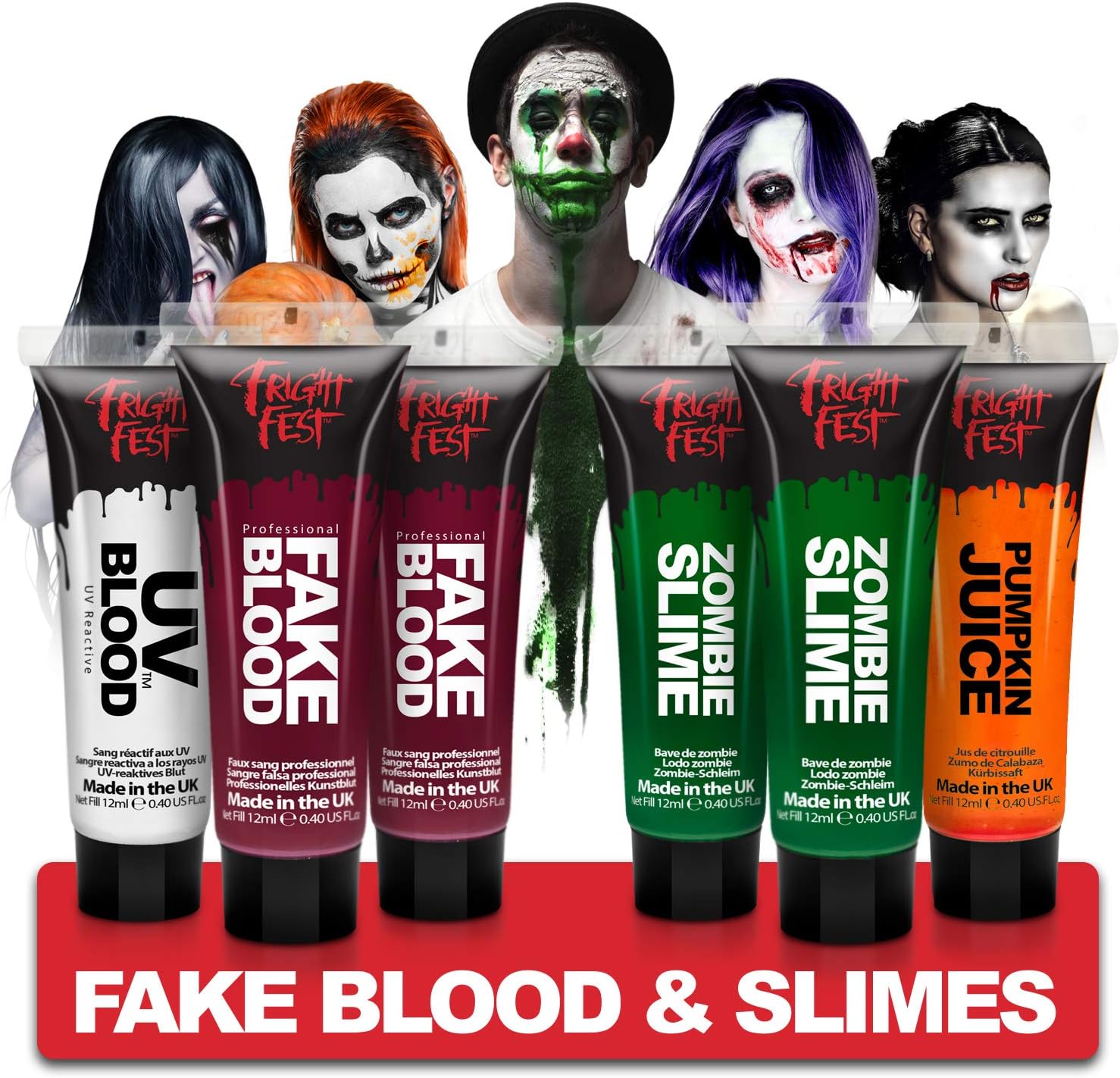 Fright Fest Fake Blood Gel & Slimes 2x Fake blood, 2x zombie green slime, 1x uv blood and 1x Pumpkin juice - SFX makeup looks great with body paint, liquid latex, spirit gum, red face paint