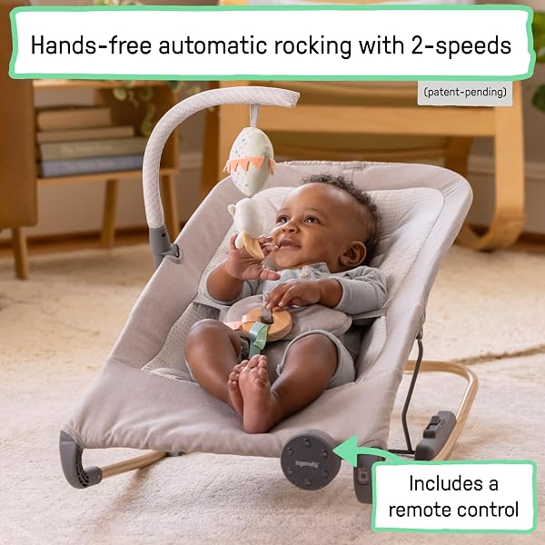 INGENUITY KEEP INMOTION AUTOMATIC BABY ROCKER SEAT, WITH REMOTE CONTROL FOR VIBRATION, MUSIC & VOLUME CONTROL, PREMIUM MATERIALS, 0-6M – SOULFUL SKIES