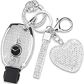 Simocky Key Fob Cover with Diamond Keychain Car Key Shell Compatible with Mercedes Benz C E M S CLS CLA GLK GLA GLC GLE AMG Class Remote Key for Women (3 Buttons-Silver Heart)