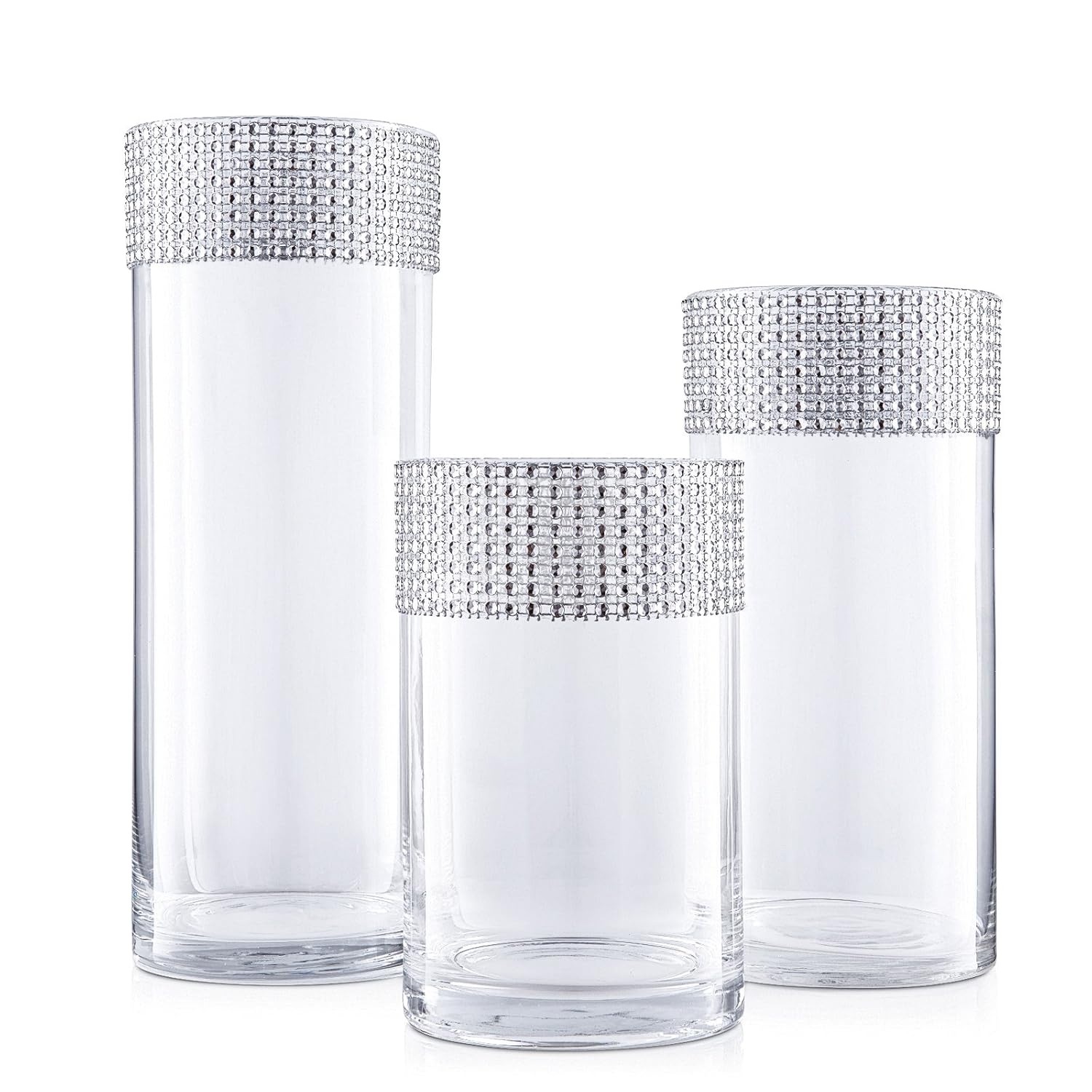 Gift Boutique Cylinder Glass Vase Set Of 3 With Silver Crystals