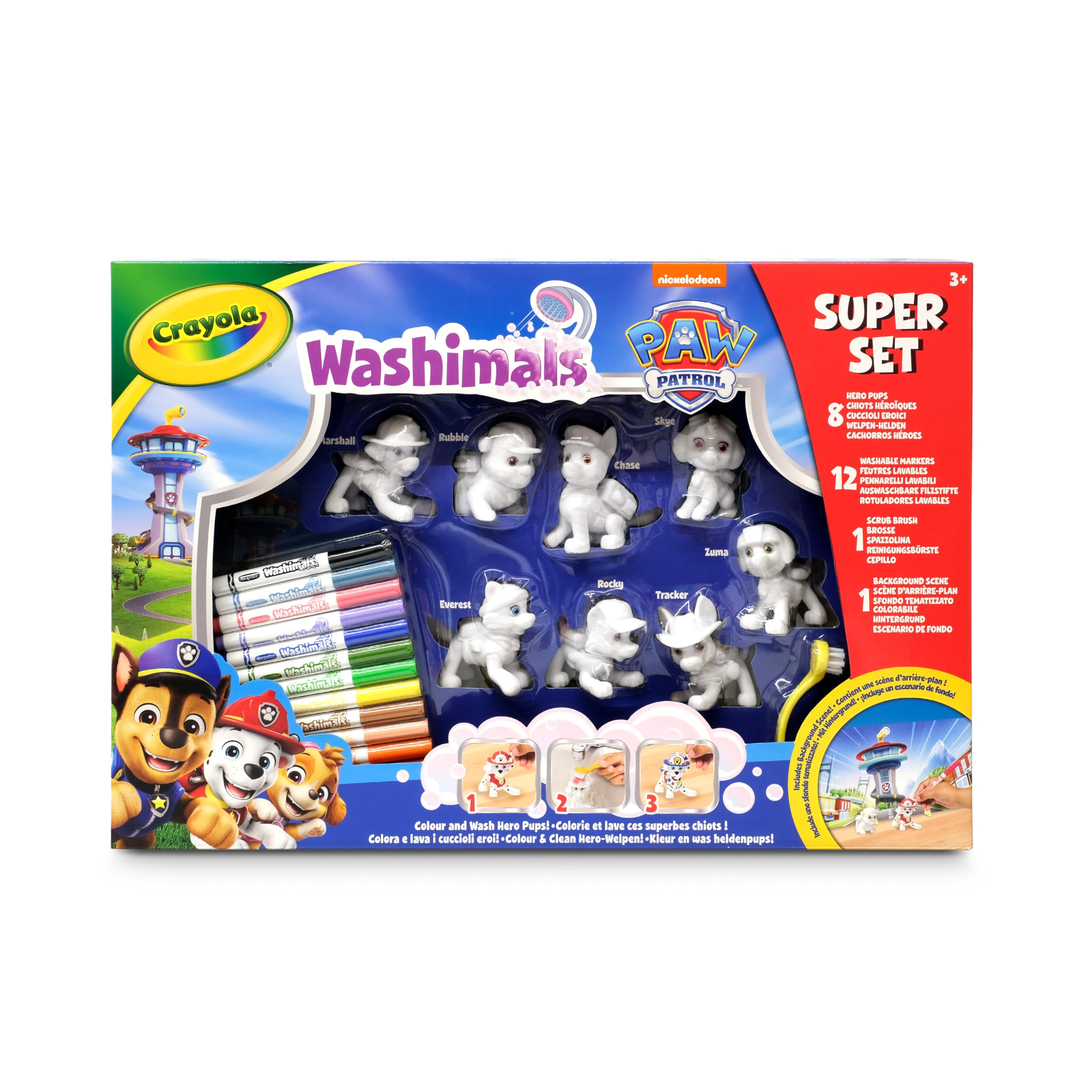CRAYOLA Washimals - Paw Patrol Super Playset XXL | Includes 8 Washable Figures, 12 Washable Markers, Background Scene & Brush | Suitable for Ages 3+