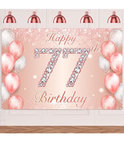 Happy 77th Birthday Banner Backdrop - 4x6ft Pink Purple Gold Party Decorations For Women
