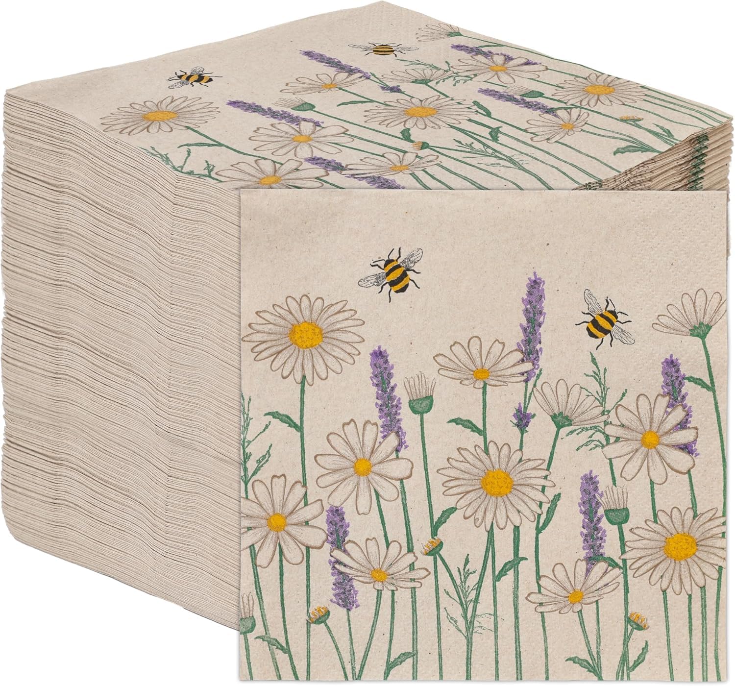 Table Kind 100 x Bulk Pack Soft Recycled Paper Napkins Daisy Floral Bee Disposable Party Serviettes Weddings Everyday Eco-Friendly Kraft Unbleached Home Compostable Recyclable Made in EU 2ply 33cm