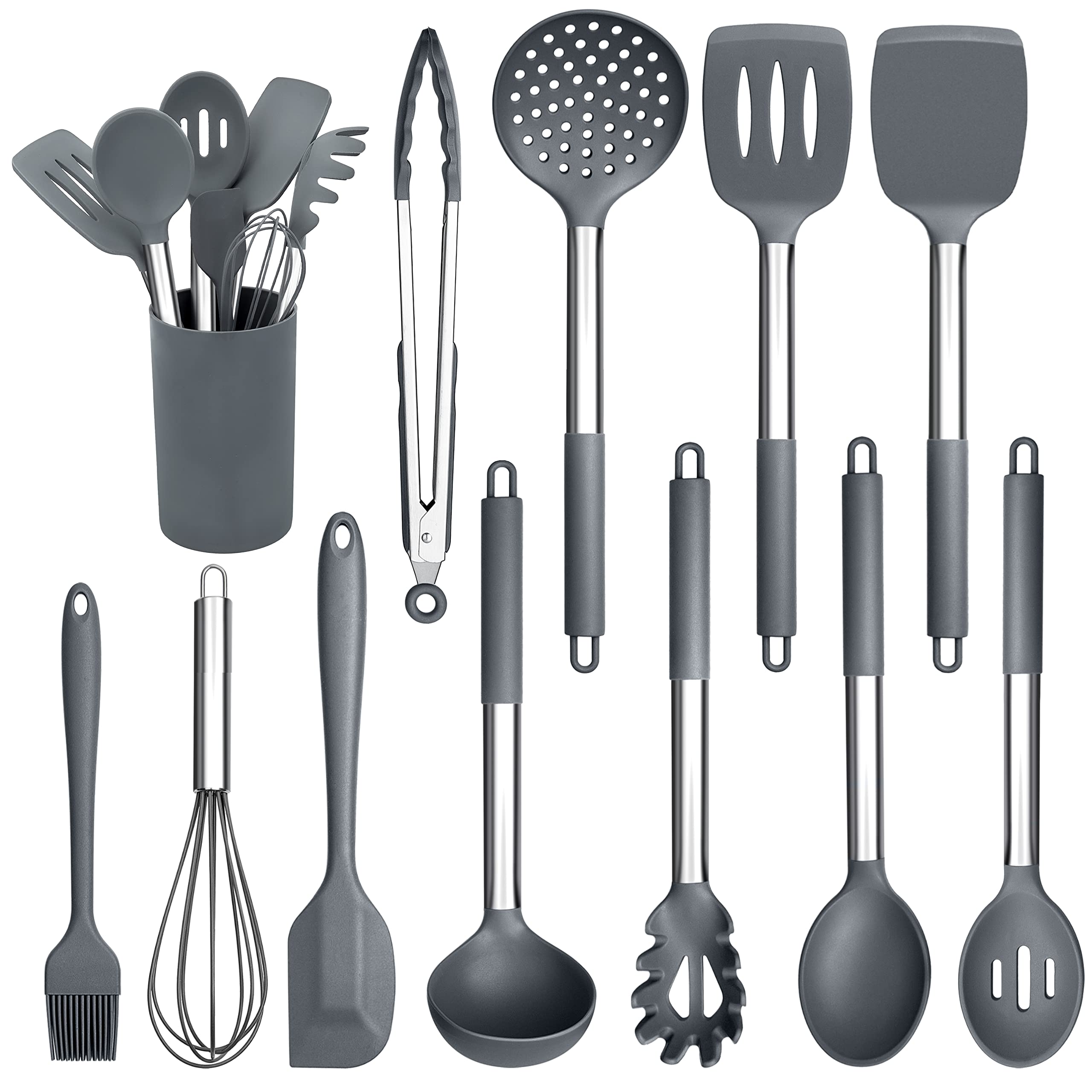 Herogo Kitchen Utensils Set, 12 Pieces Silicone Cooking Utensils with Stainless Steel Handle, Heat Resistant Cooking Tools Turner Spoon Spatula Set with Holder, Easy to Clean - Grey