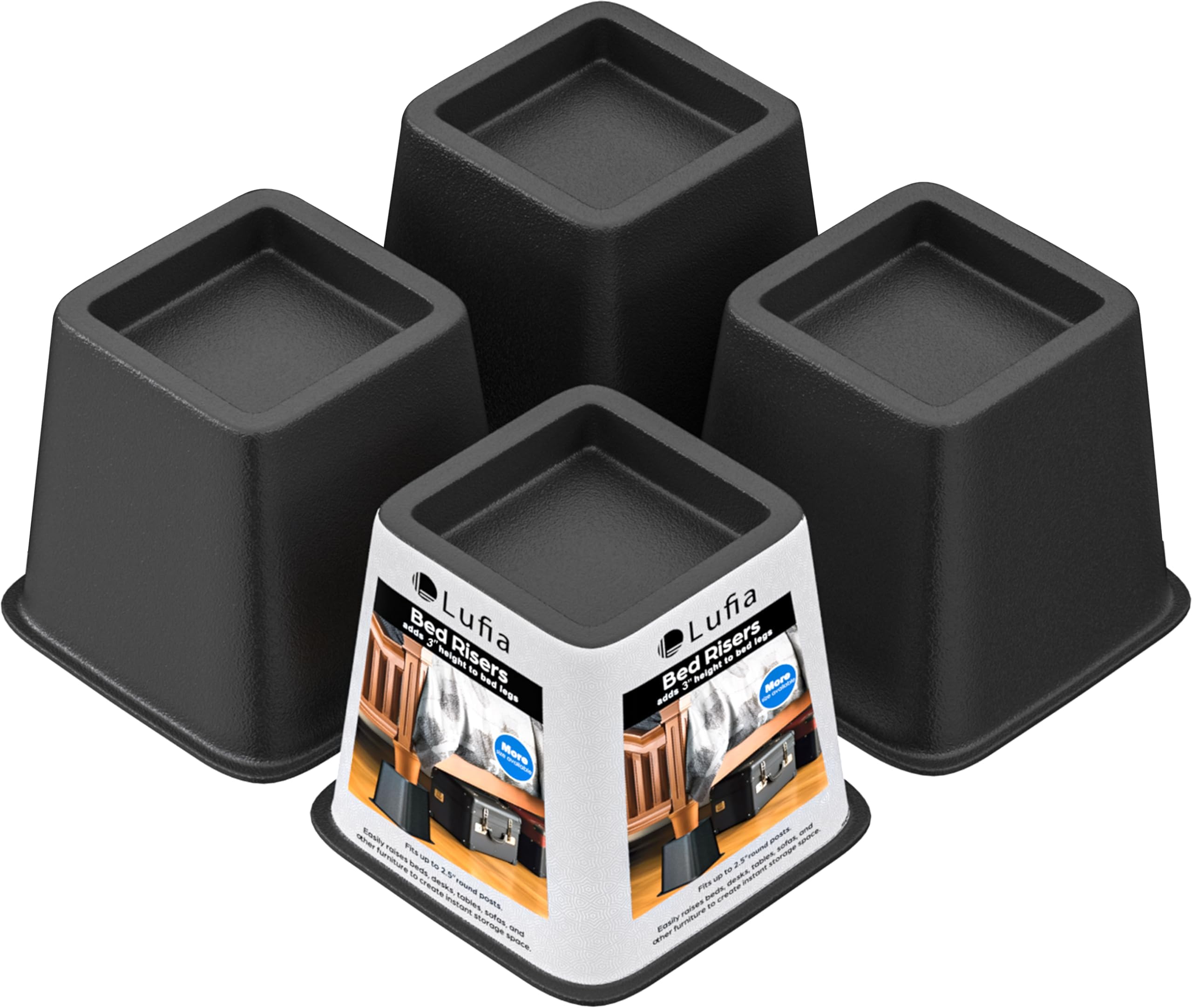 Photo 1 of Lufia 3-inch Bed Furniture Risers Heavy Duty, Stackable Bed Lifts Risers for Sofa, Table, Couch, Chair or Desk, Set of 4 Bed Lifts (Black, 3 inch)