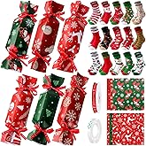 Glitopper 30 Pairs Fuzzy Christmas Socks with 30 Sheets Candy Wrappers and 1 Roll DIY Christmas Ribbon Xmas Gift Soft Candy Box Fluffy Cozy Novelty Holiday Socks for Women Men