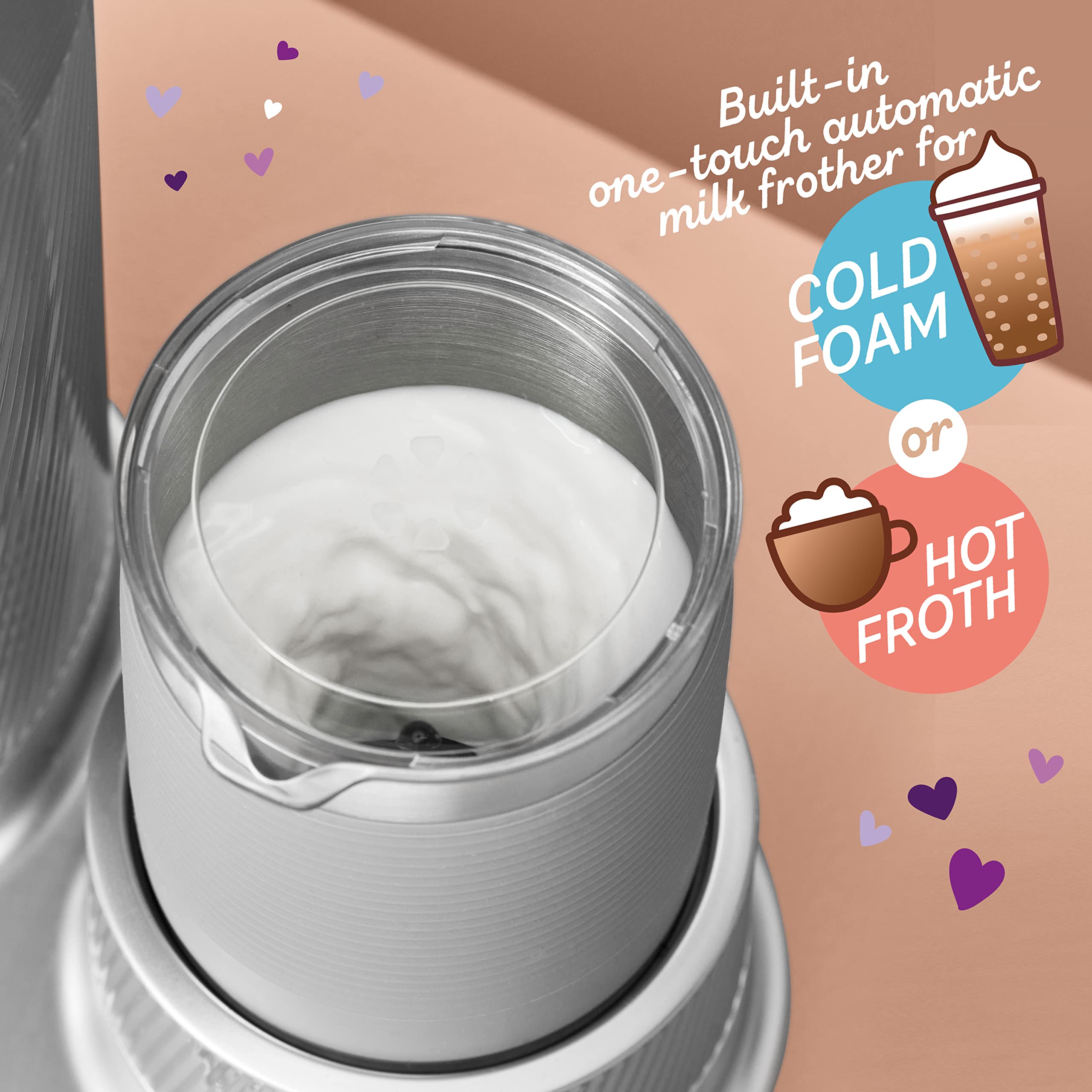 Mr. Coffee Cafetera caliente helada Latte Lux 4 en 1 con espumador de leche incorporado, porción individual, 22 onzas