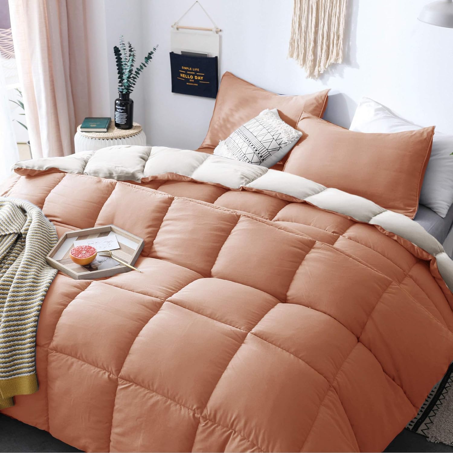 KASENTEX All Season Down Alternative Quilted Comforter Set - Hypoallergenic Duvet Insert - Machine Washable (Rose/Beige, King Set): Home & Kitchen