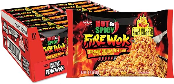 NISSIN FIRE WOK, SCREAMIN BEEF FLAVOR, HOT & SPICY CHILE INFUSED ASIAN NOODLES, 3.10 OUNCE (PACK OF 12)
