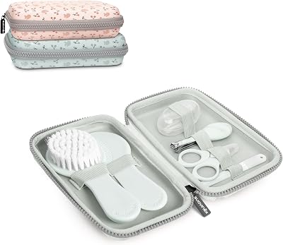 , Neceser Set Manicura para Bebés, +0M, Kit Cuidado del Bebé con Cepillo, Peine, Cepillo Dental, Tijeritas, Lima y Cortaúñas. Neceser Impermeable con Cremallera, Azul suave
