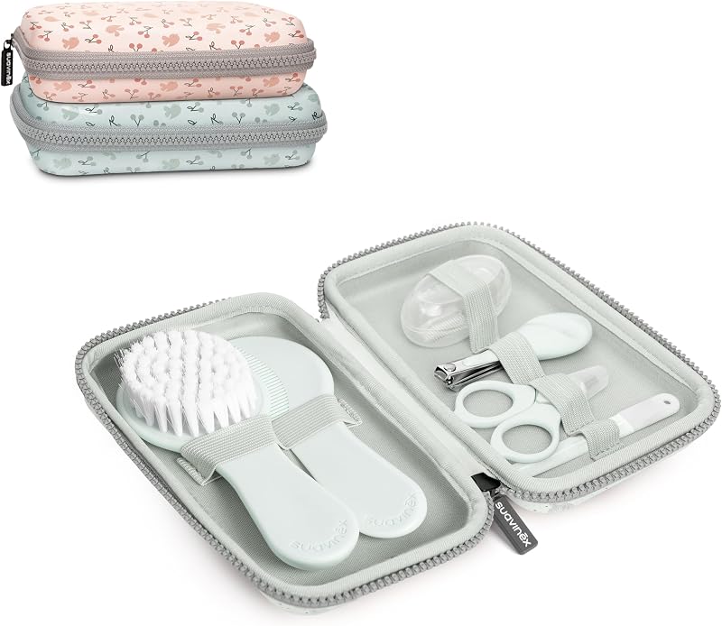 , Kit de Manicure para Bebé, +0M, Kit de Cuidados com Escova, Pente, Escova de Dentes, Tesoura, Lima e Corta-unhas. Bolsa de Higiene Impermeável com Fecho, Azul Suave