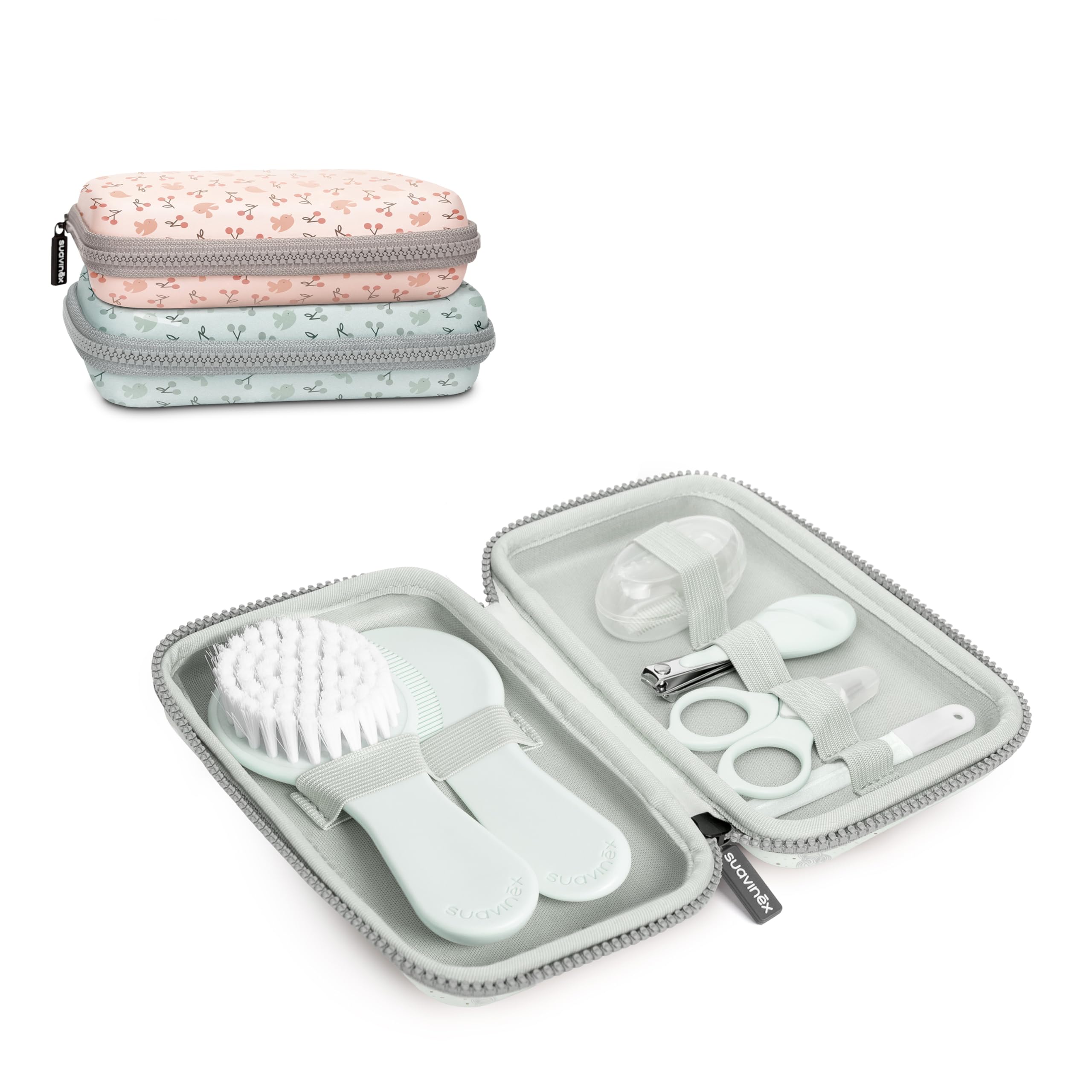 Suavinex, Baby Care Kit Complete and Portable Baby Manicure Set Contains: Brush and Comb + Finger Toothbrush + Scissors + File + Nail Clipper, 6 Pieces, soft blue