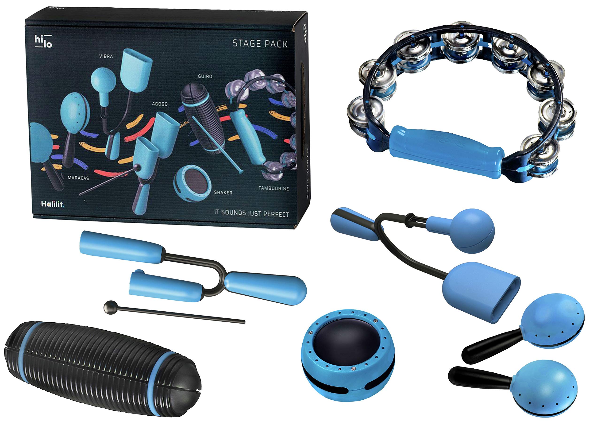 Halilit Hi-Lo Musical Instrument 7 Piece Stage Pack. Gift Set for Percussionists. For Adults & Children Tambourine Guiro Shaker Maracas Agogo & Vibra