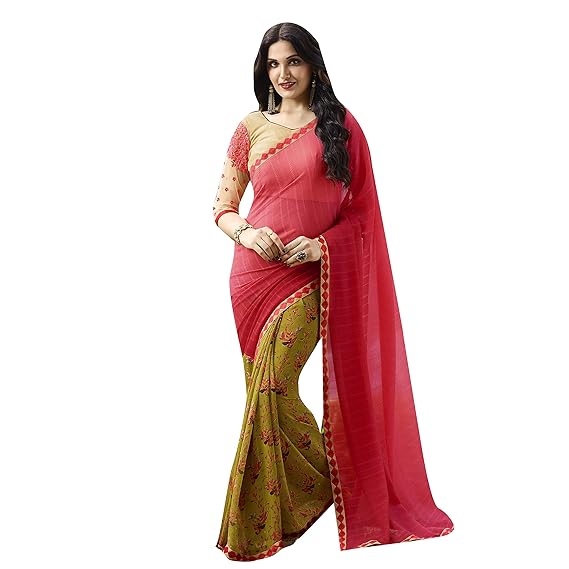 Womens Georgette Printed Half and Half Saree (SHAMA6657SSSR003, Multicolour)