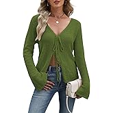 Women Tie Front Cardigan Sweaters Bell Long Sleeve V Neck Knit Bow Sweater Lightweight Y2k Cute Fall Cardigan
