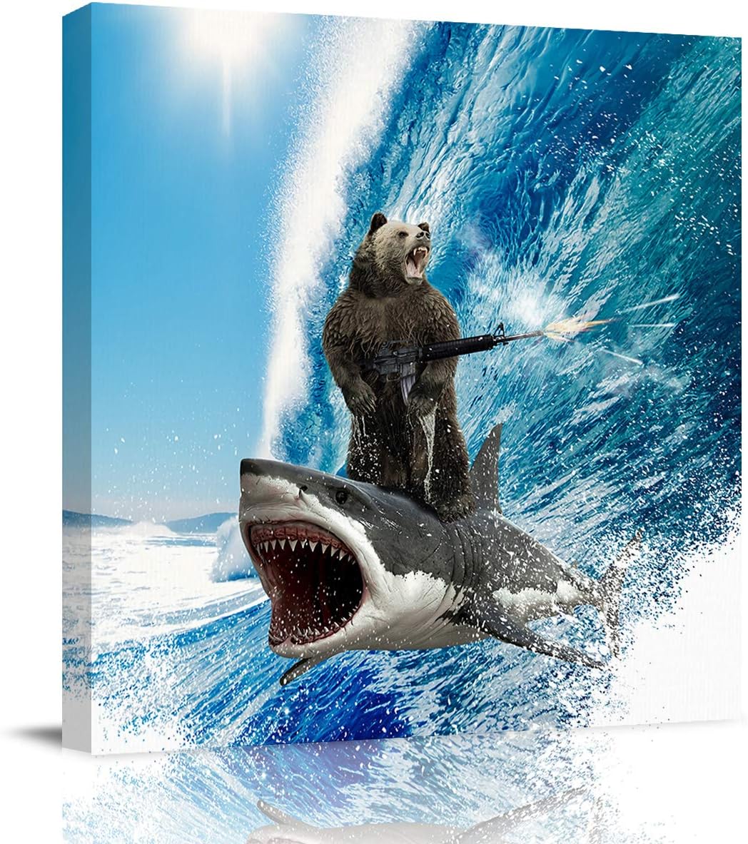 Canvas Wall Art Oil Paintings for Livingroom Bedroom Office Funny Bear with Machine Gun and Shark Surfing Ocean Wave Photograph Printed on Canvas for Home Wall Decoration Framed Ready to Hang- 12x12in