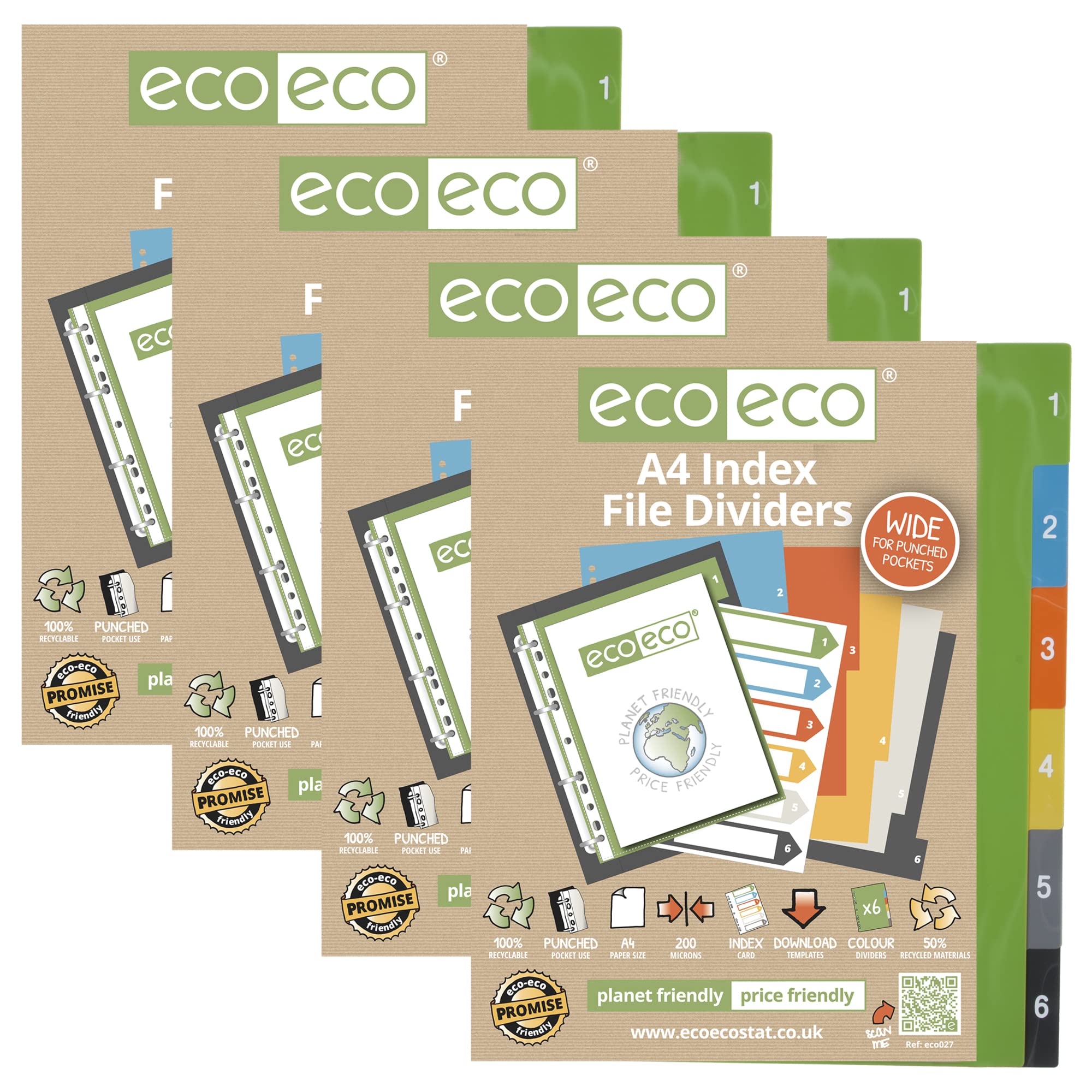 eco-eco A4 50% Recycled Multipunched Reinforced Colour Recycled Set 6 Index Wide File Dividers 200mic (Pack of 4), eco027x4