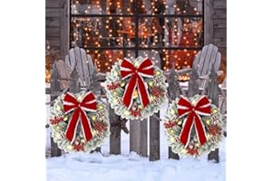 LJLNION 3 Pcs Lighted Christmas Wreaths, 13 Inch Pre-lit Mini Xmas Wreath with Red Bow, Pine Needle Wreath with LED Lights, Light Up Christmas Wreath for Front Door Holiday Wall Christmas Party Decor