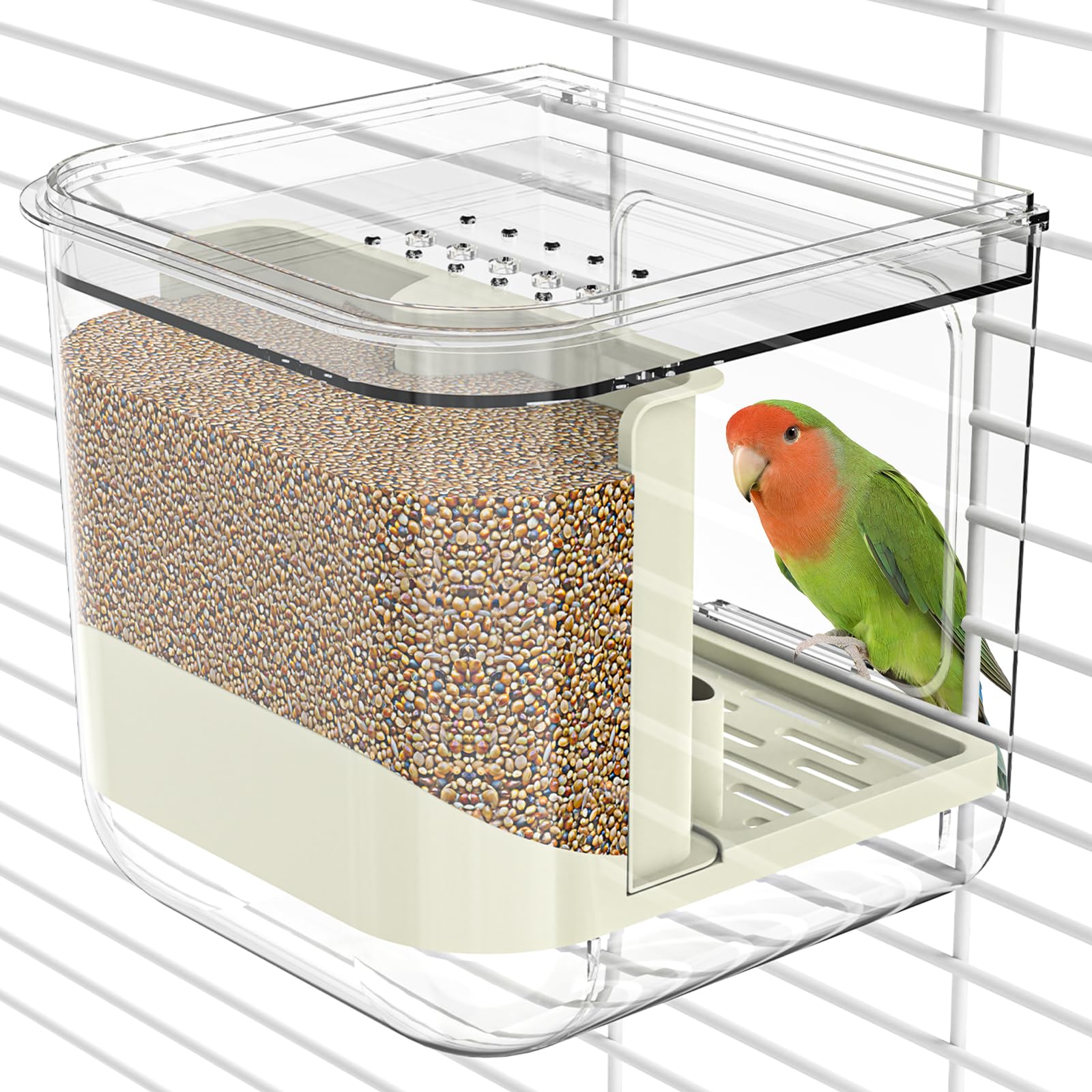 Photo 1 of BAGHPBM No Mess Automatic Bird Feeder,Multifunctional Parrot Seed Feeders,Transparent Seed Food Container,Bird Cage Accessories for Canaries Budgies Lovebirds Conures Cockatiels