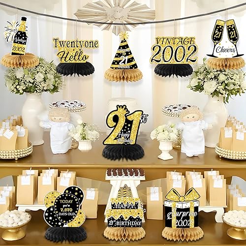 LITAUS, Black Gold 21st Birthday Decorations Honeycomb